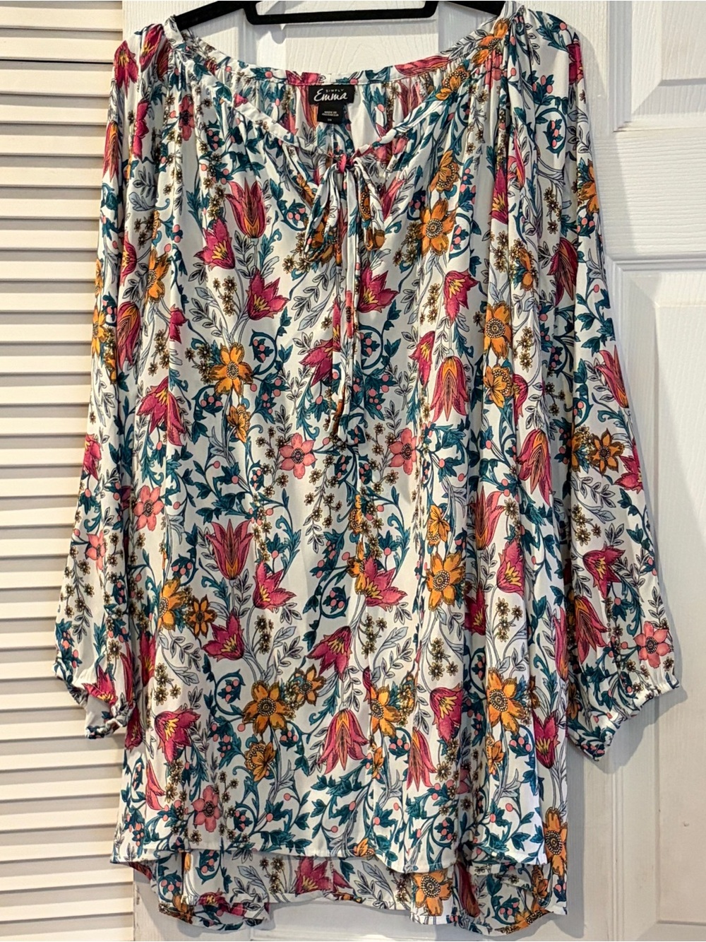Simply Emma 3X Floral Peasant Blouse Boho Tunic Top Tie Neck Cottagecore Career